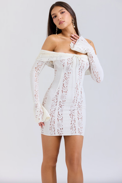 ROBE MINI EN DENTELLE À ÉPAULES DÉNUDÉES OLA - BLANC