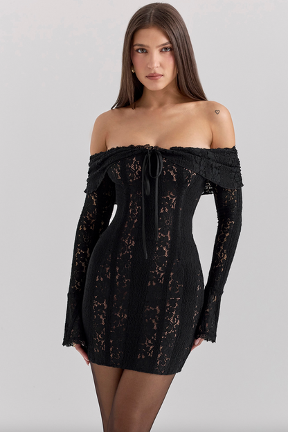 ROBE MINI EN DENTELLE À ÉPAULES DÉNUDÉES OLA - NOIR