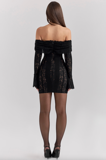 ROBE MINI EN DENTELLE À ÉPAULES DÉNUDÉES OLA - NOIR